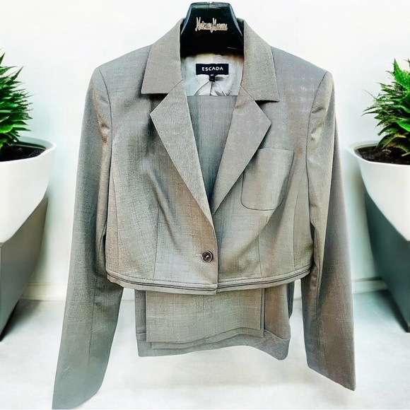 Escada Gray Houndstooth Pant Suit Breakaway Blazer Zipper 42 12 - Picture 2 of 7